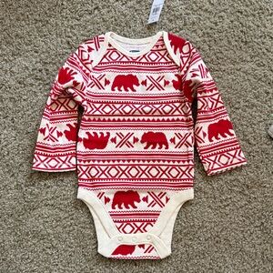 Old Navy Christmas Holiday Red & Cream Bear Print Long-Sleeve One-Piece Bodysuit